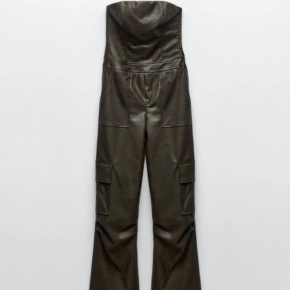 Zara Strapless Leather Jumpsuit - Dark Green
